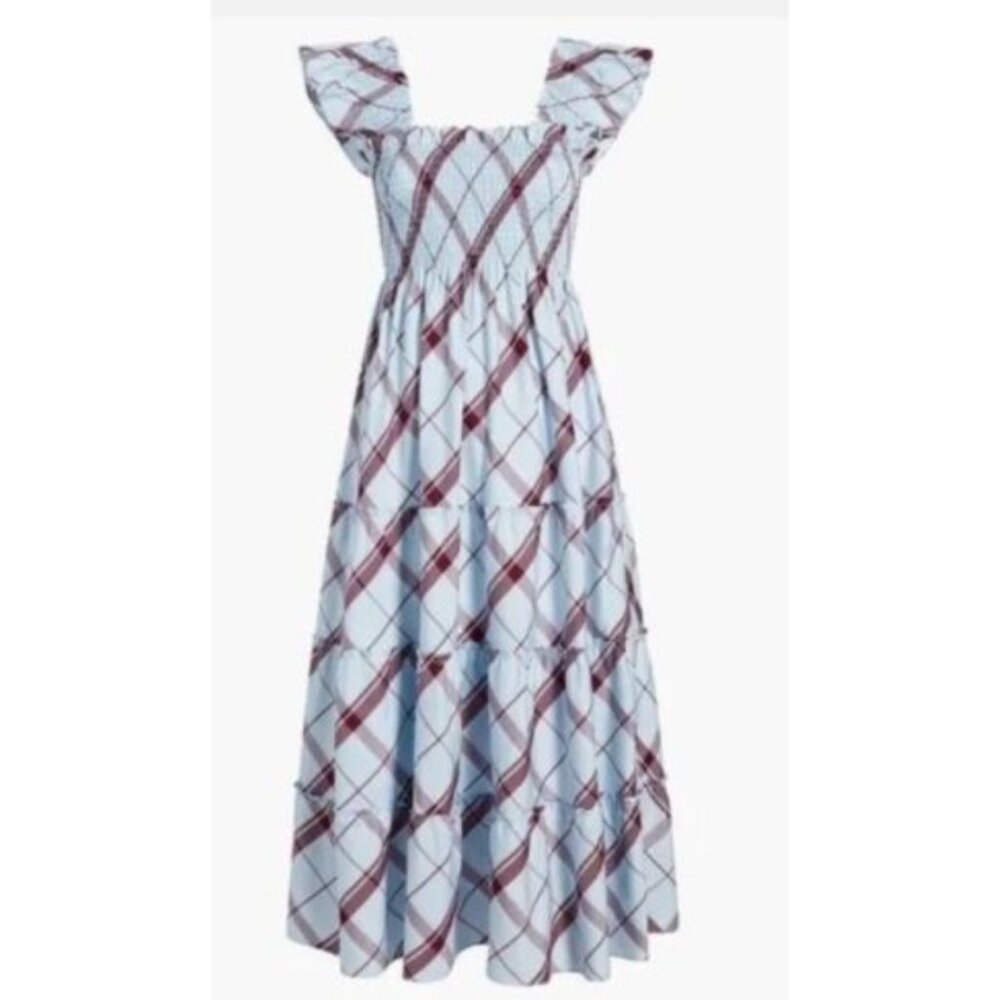 Hill House Home Matilda Baby Blue Plaid Smocked Midi Dress Size Large